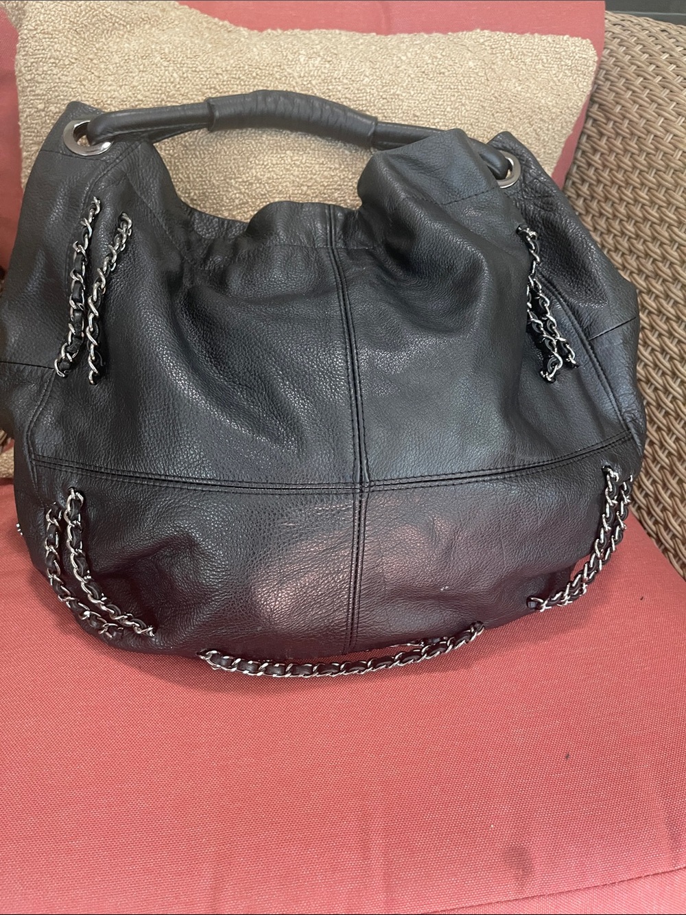 Vince  Camuto Black Leather Chain-Accent Hobo Bag -